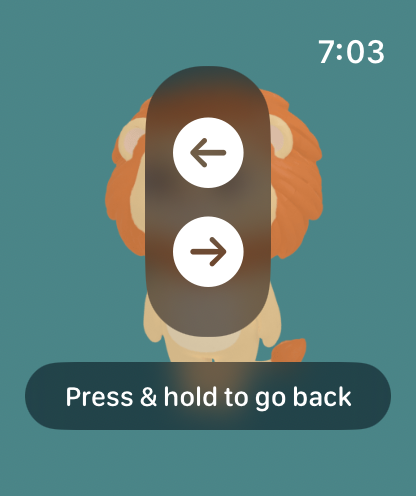 A lion in the Animals gallery, with arrows to swipe between animals