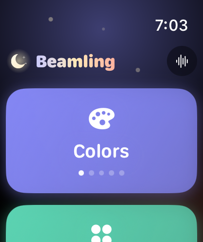 Beamling home screen: mode cards in order, each with dots showing its level